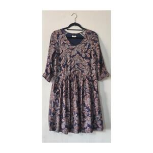 Garnet Hill Navy Floral Paisley 3/4 Sleeve Dress Size 6 Pockets Viscose Boho